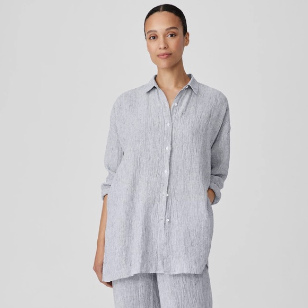 EILEEN FISHER Striped Linen Crinkle Shirt